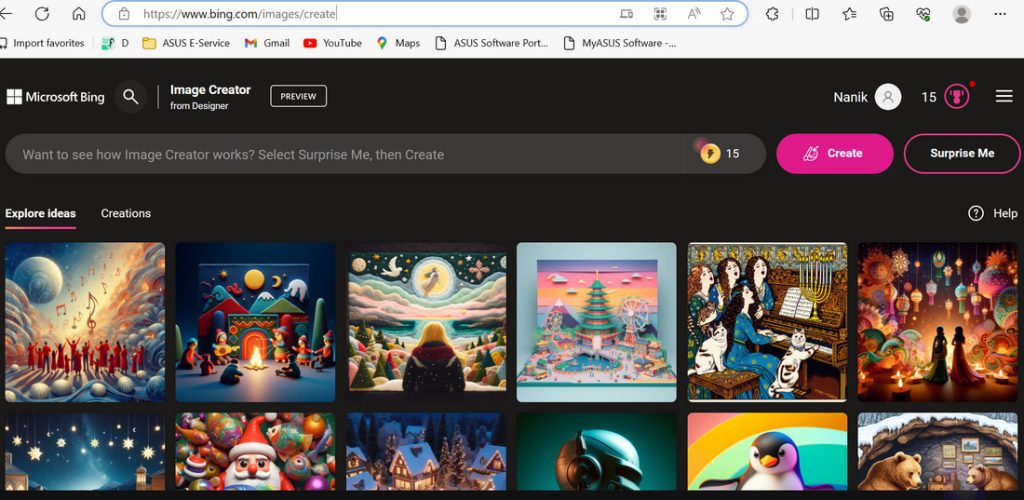 Tampilan bing image creator setelah login