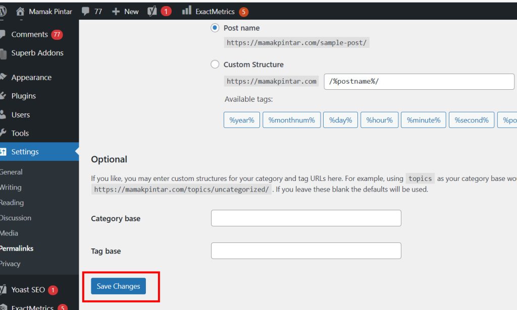 setting permalink wordpress